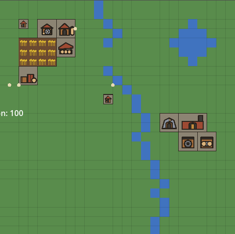 The town as it looked in 2D: fields, a river, a lake and the first workshops.