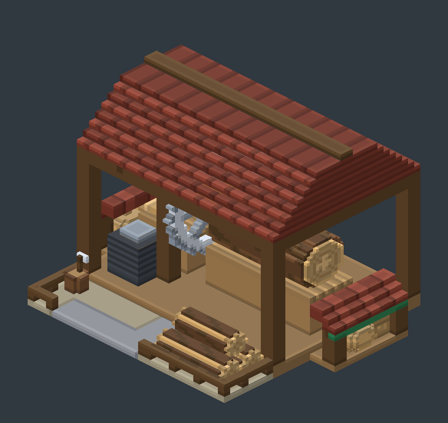 The sawmill with its first storage shed against the left wall.