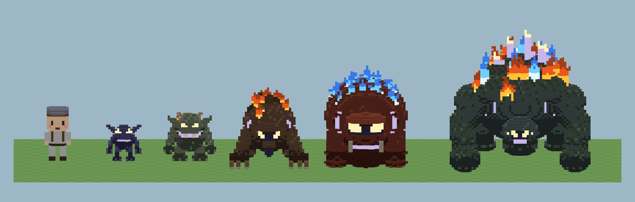 A villager next to all five, from the Ashpaw to the Cragback.