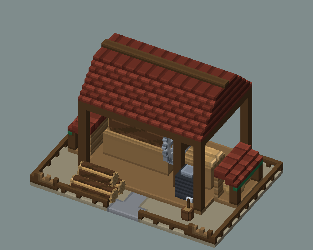 The sawmill with both its lean-tos, inside its fence.