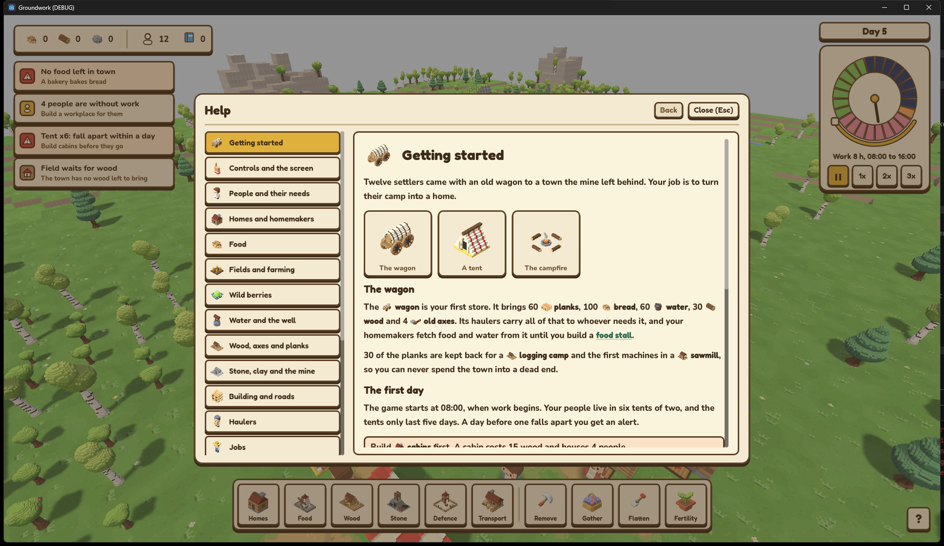 The help in English: the wagon, a tent and the campfire on the first page.